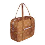 Brown nylon colorful smiley pattern stowaway tote with a purple zipper and a small bag in front.