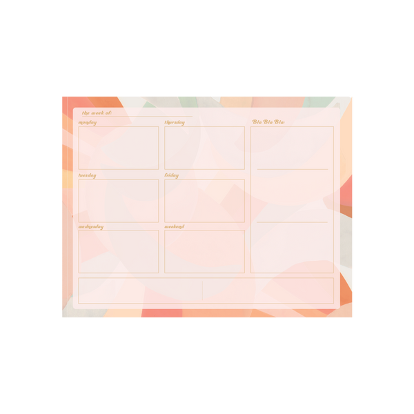 10.5"x8" tearaway notepad with the Moonscape pattern bordered around a cream color rectangle. Inside the rectangle is the days of the week insdie individual boxes, and boxes for notes, lists, etc. 