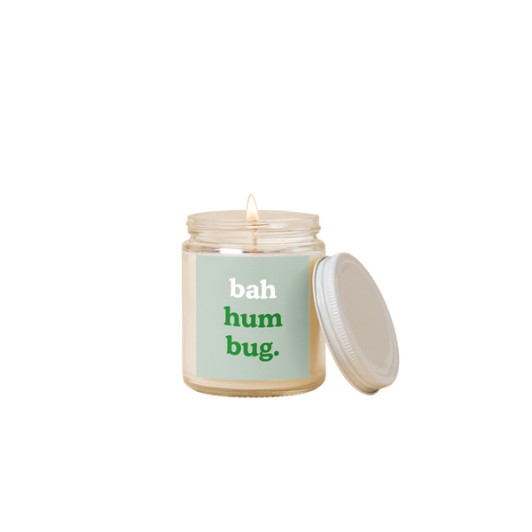 8 oz candle jar with mint green label on front with text that reads "bah hub bug." in white and green letters.