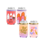 Can coolers in 4 different designs: "Ghouls just wanna have fun" ghosts, orange/pink/lavender waves, "bat shit crazy" orange lavender gradient, & "100% That Witch" in rainbow lettering