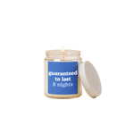 8 oz candle jar with blue label on front with text that reads "guaranteed to last 8 nights" in white and blue letters.