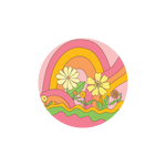 Flower power sticker with different flowers and groovy patterns and a rainbow in pink, yellow, and orange.