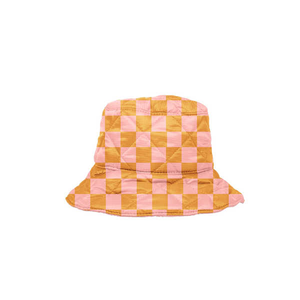 A pink and olive green checkered bucket hat.