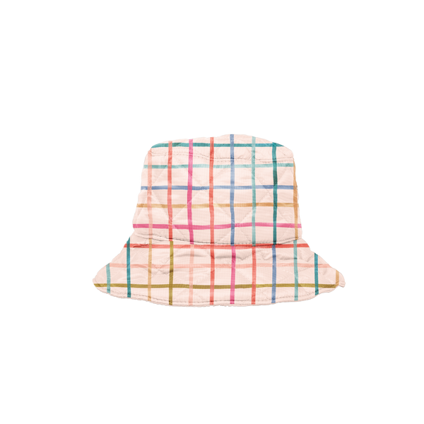 A multicolored plaid bucket hat.