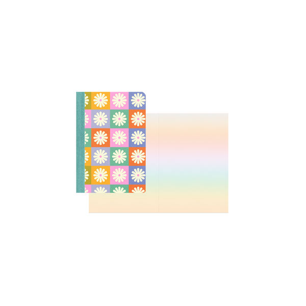 Mini notebook with multi-color checkered background and white daisies, green tape binding; pastel gradient pages inside