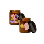 Halloween candle amber jar with lid in 2 variations; Halloween candle amber jar with lid with pink ghost and word bubble saying "you my boo"; Halloween candle amber jar with lid with saying "100% that witch" in shades of pink, purple and orange