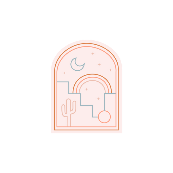 A arch-shaped sticker with a rainbow arch, a cactus, a crescent moon, stars, and abstract building printed on. Sticker is in neutral colors.