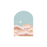 A arch-shaped sticker with multicolored abstract hills and a sun with stars in the blue-toned sky.