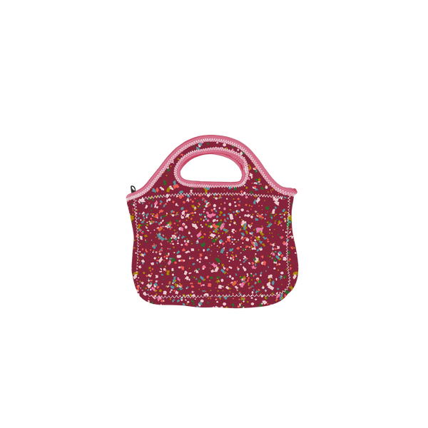 Klutch with handles in maroon with multi-color pink, green, red, and white confetti design wrapped around bag.