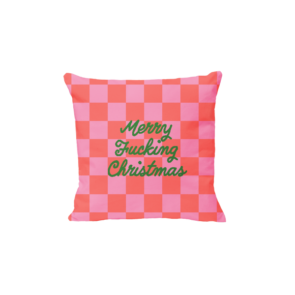 "Merry Fucking Christmas" Pillow in pink and red. Checkered Pillow.