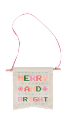  small banner with the phrase merry and bright in mulit-color type font with hearts between the words 