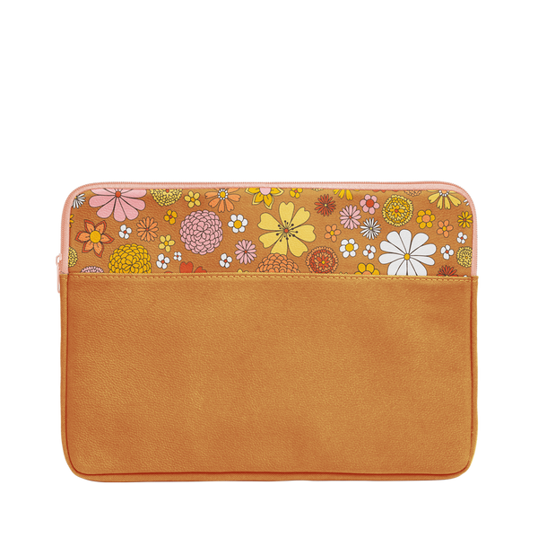 laptop sleeve in brown vegan leather trimmed with fun floral print at the top with peach zipper with laptop, swirled notebook coming out of it with heart print penny pouch on top