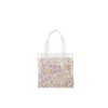 Tiny handbag in clear vinyl with rainbow glitter confetti.