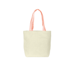 Cute tote bag in natural straw with peach canvas straps.