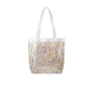 A clear vinyl tote bag with a sparkly confetti design. Bag is medium-sized. 