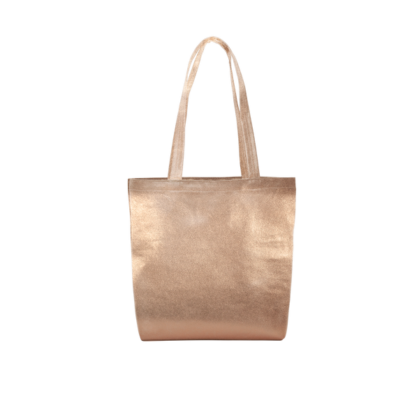 A gold-metallic colored tote bag. Medium sized.