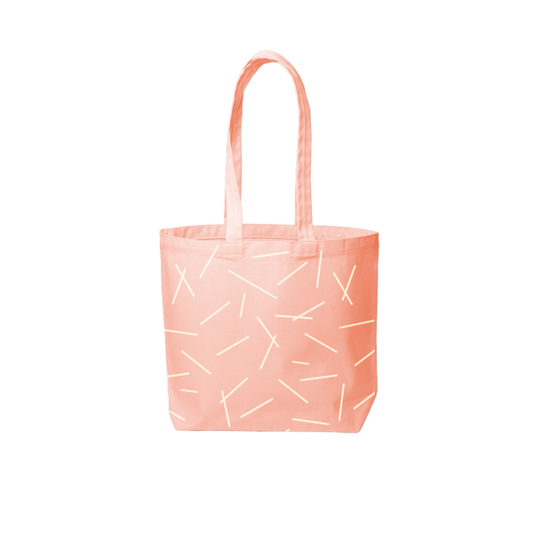 peach canvas tote with pixie sticks print