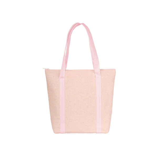 Cute tote back in pink straw with pink canvas shoulder straps.