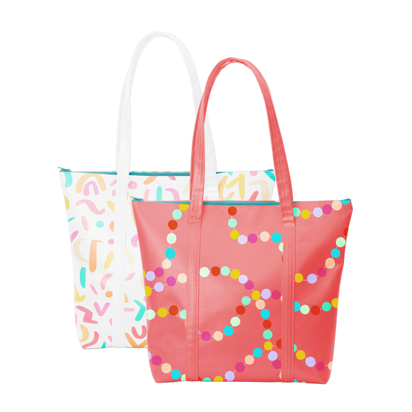 Two cute tote bags; one red with rainbow polka dots and the other white with rainbow confetti pattern.