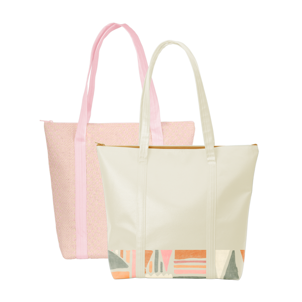 Two cute tote bags with zippered top closure; one tan with geometric pattern detail and pink straw with canvas straps.