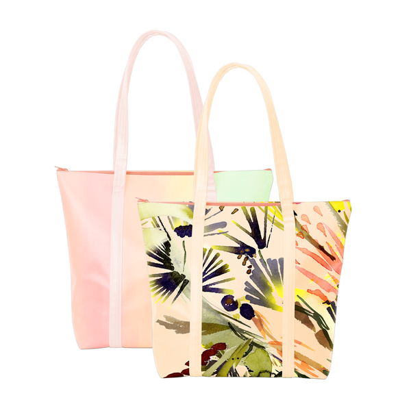 Two cute tote bags with zippered top; lush tropical print and pastel ombre print.