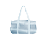 Cute duffel bag in canvas with light blue and blue stripes.