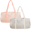 One gray canvas duffel bag with stripes and one canvas duffel bag with peach stripes and straps.