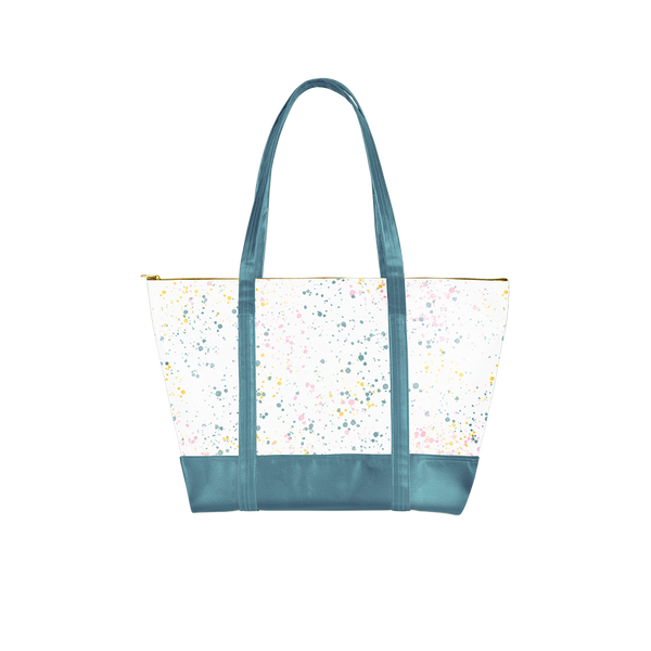 a splatter bag with spruce green handles