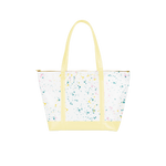 vegan leather weekend bag with white splatter and yellow handles