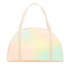 Cute carryon bag in pastel ombre and light yellow shoulder straps and zippered top.