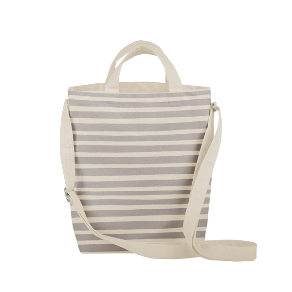 cute natural canvas tote bag with gray stripes and adjustable straps