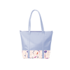 A periwinkle colored tote bag with a floral design on the bottom of the bag in purple, blue, white, and red flowers.