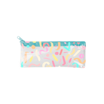 A clear Pixie pouch in rainbow confetti print and a blue zipper .