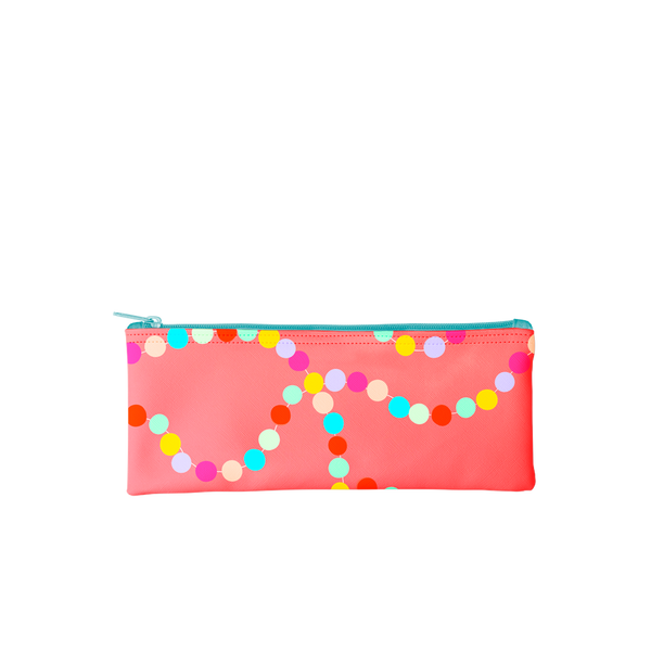 Cute pencil pouch in red with rainbow polka dots and a turquoise zipper.