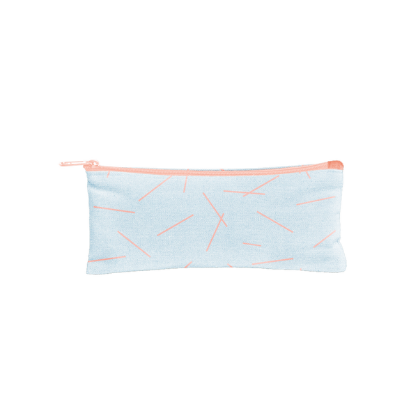 Canvas Pencil Pouch in beachwash denim with peach pixie sticks and a peach zipper.