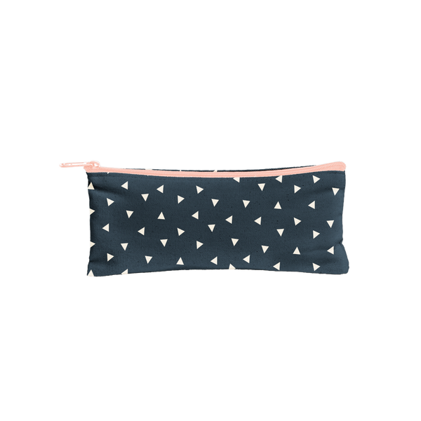 Canvas Pencil Pouch in navy with white triangles and peach zipper.