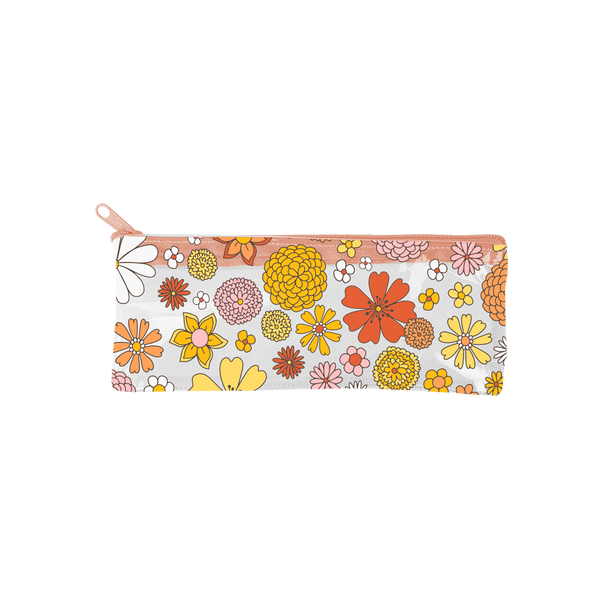 Cute pencil pouch clear plastic with floral print on top with peach zippers