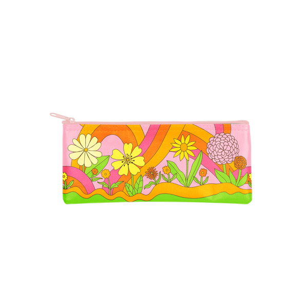 Cute pencil pouch in pink with flowers and swirls  and a pink zipper.