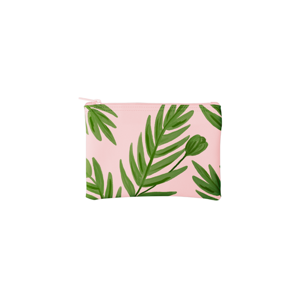 A blush pink pouch with green leaf stems printed all around.