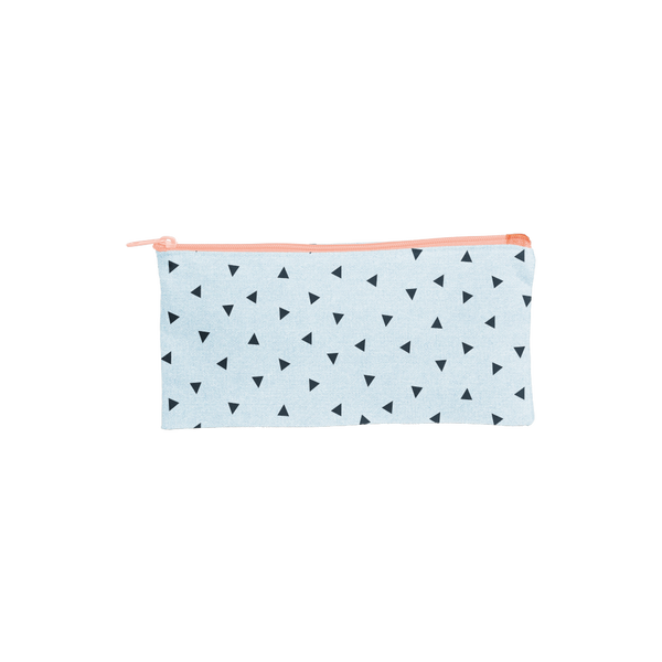 Large pencil pouch in beachwash denim with navy triangles and a peach zipper. -- Beachwash Denim- Triangles