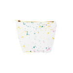 White pouch with prink, yellow, and blue splatters all over the pouch.