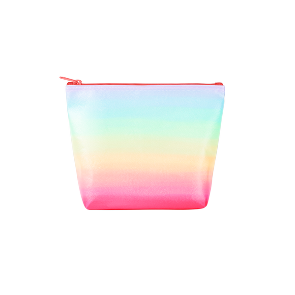 A rainbow ombre colored pouch with a pink zipper.