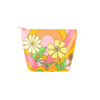 A groovy inspired designed pouch with rainbow arches, curvy lines, and differently designed flowers. Pouch is in pinks, greens, and oranges.