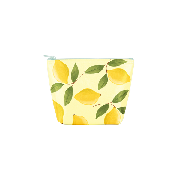 Tweedle Dee Lemons is a cute cosmetics bag in yellow with lemons pattern and a blue zipper.