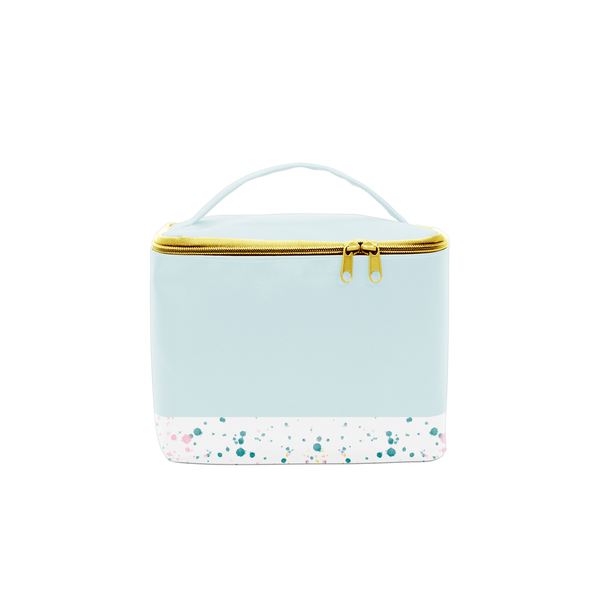 Pastel Blue cosmetics case with gold zipper. -- Splatter Blue