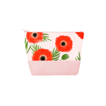 A pink, large pouch with red poppies and green leaves. Bottom of pouch is a solid blush pink color.