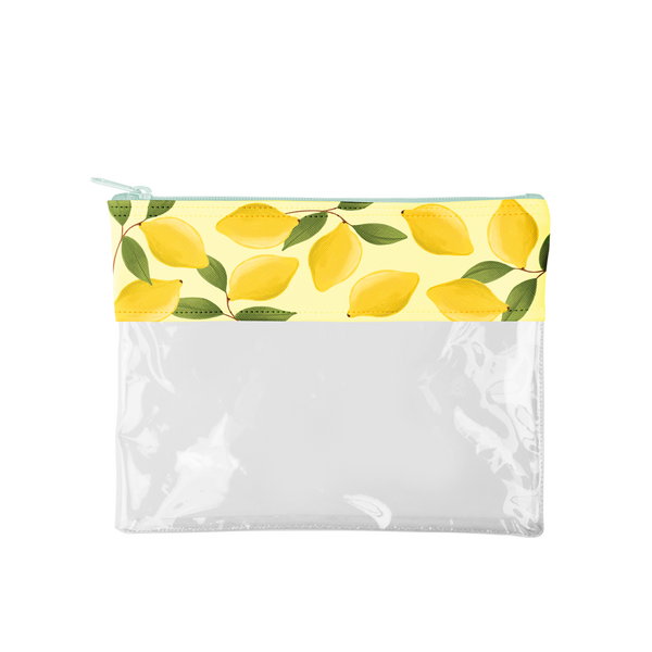 Lemons Dollface is a cute pencil pouch with a yellow lemon trim and clear vinyl pouch.