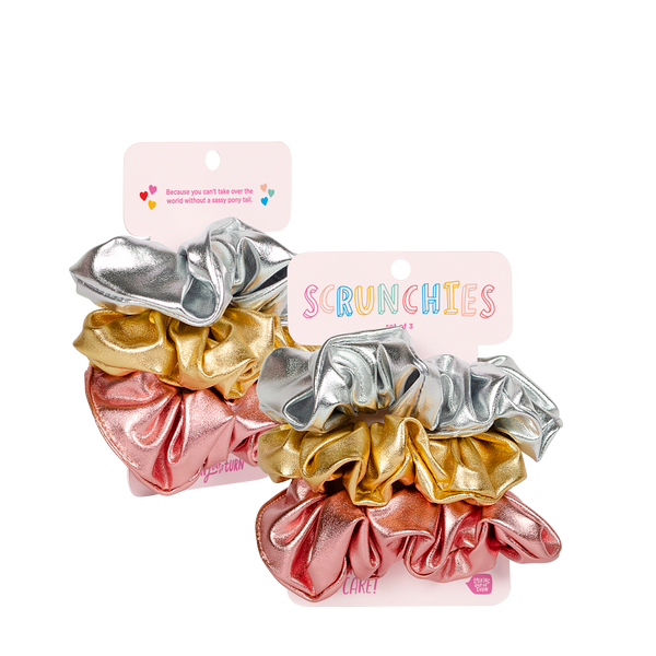 These cute metallic scrunchies come packaged on a colorful cardboard card.