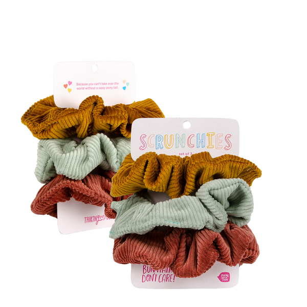 three cute corduroy scrunchies on a backercard