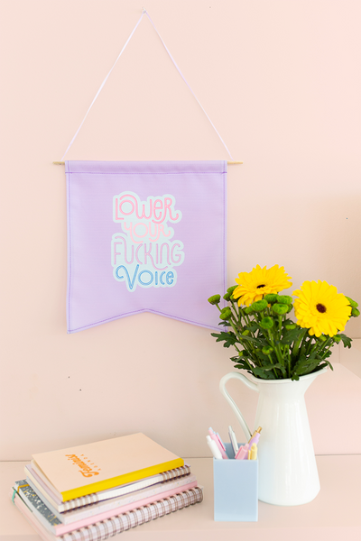 lavender wall pendant saying lower your fucking voice with stack of journals, cup of pens and vase of flowers